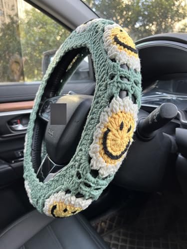 Handmade Crochet Sun Car Steering Wheel Covers Universal 14-15 inch,Cute Steering Wheel Cover,Car Accessories (Sun Wheel Cover+2belt Cover+2Coaster+Hanging) - color: Sun wheel cover+2belt cover+2Coaster+hanging