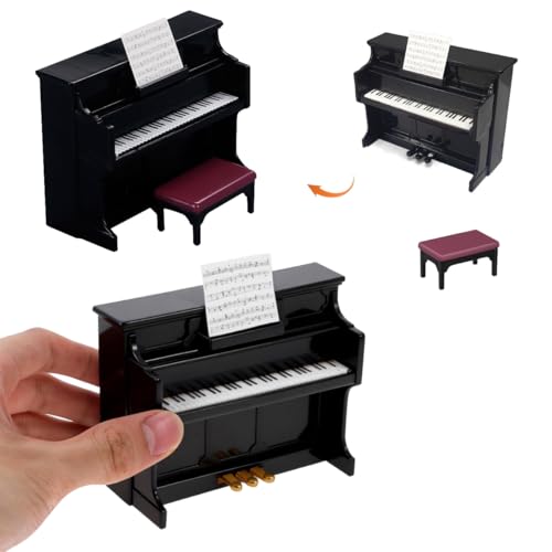 Miniature Upright Piano with Stool and Music Score, Small Music Room Furniture Model for Adult Dollhouse Collectors, DIY Diorama, Room Box Display and Miniature Scene Decor (Black) - color: Black Piano