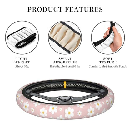 Car Steering Wheel Cover,Pink Flower Universal Non Slip Wheel Protector 15 Inch Elastic Car Accessories for Men Women - color: Pink Flower