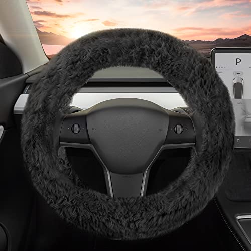 Carbella Aspen Black Fuzzy Steering Wheel Cover for Women - Cute and Stylish Fluffy Fur Steering Wheel Cover for Cars Trucks Vans SUVs, Universal Fit for Wheel Sizes 14.5 to 15.5 inches - color: Black