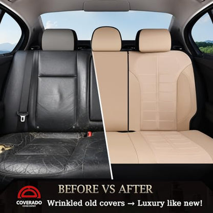 Coverado Full Set Leather Car Seat Covers, Crafted with Full Leather Construction and Carbon Fibre Weave Universal Fit for Most Cars SUV Trucks(Beige - color: Beige, size: FullSet