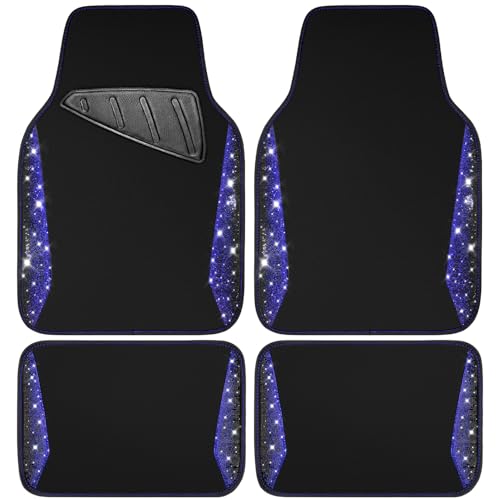 CAR PASS Bling Diamond Car Floor Mat Shining Carpet, Sparkly Glitter Crystal Anti-Slip PVC Heel Pad Automotive Universal Fit for SUV Sedan Car Van, 4pcs for Girl Cute Women, Black Blue - color: Blue Diamond