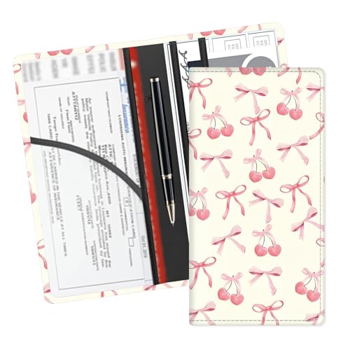 Leather Car Registration and Insurance Card Holder, Cute Car Accessories Vehicle Glove Box Car Organizer for Documents, Cards, License Cute Pink Cherry Bow - color: Cute Pink Cherry Bow