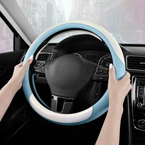 Road Comforts Steering Wheel Cover – Breathable Leather Steering Wheel Cover, Anti-Slip Grip, Universal Fit 14.5” to 15”, Heat & Cold Resistant for Cars, SUVs, and Trucks – Shining White & Blue - color: White&Blue