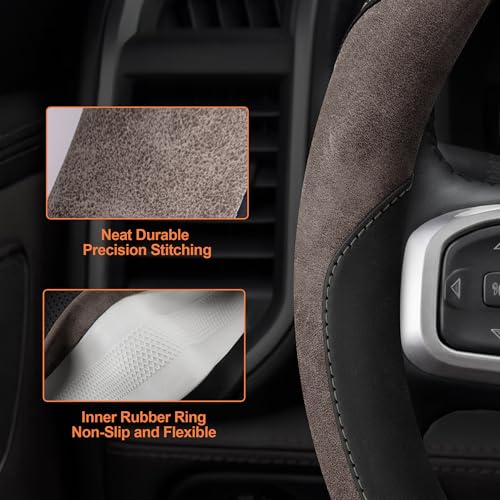 Customized Auto Car Steering Wheel Cover for Dodge RAM 1500 2500 3500, 15.5-16 inch (Brown - Large Size)