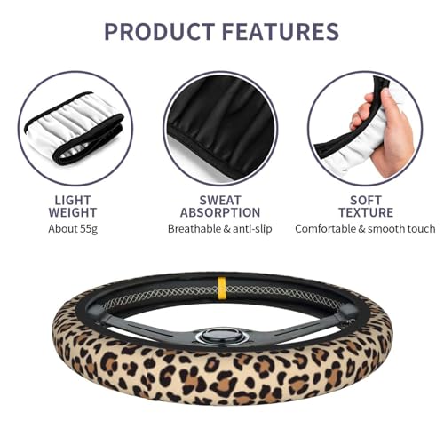 Leopard Cheetah Print Steering Wheel Cover - Universal 14-15 Inch Anti-Slip Breathable with 2pc Animal Print Matching Coasters Set for Men Women - color: Leopard