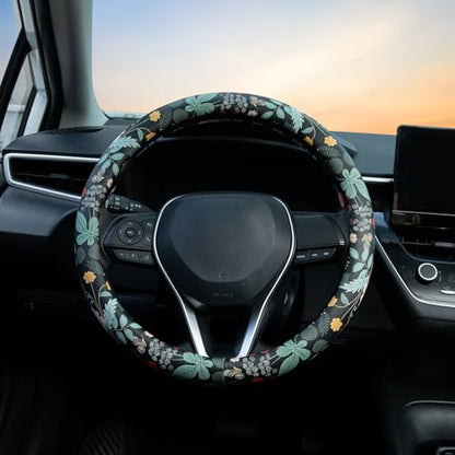 Flowers and Strawberries Steering Wheel Cover Auto Leather Steering Wheel Protector, Anti-Slip, Breathable, Absorbing Sweat, Universal Car Accessories 14.5–15 inch,Fit for Most Car, Trucks, SUV - style: Flowers and Strawberries