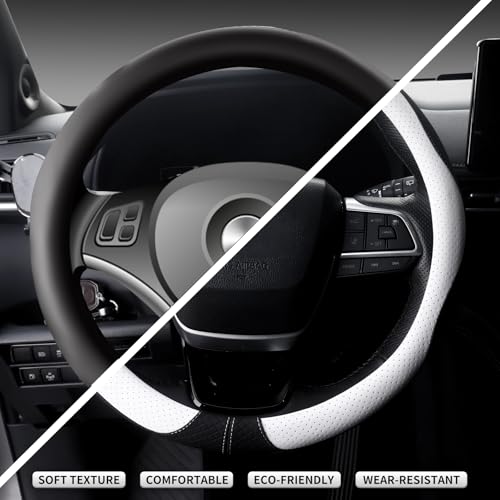 Nappa Leather Steering Wheel Cover, Universal 14.5-15 inch, Anti-Slip Breathable Leather, Sporty Style, Durable Grip Car Accessory for Men Women, White - color: white