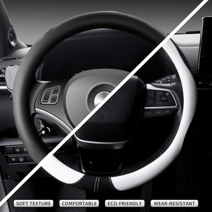 Nappa Leather Steering Wheel Cover, Universal 14.5-15 inch, Anti-Slip Breathable Leather, Sporty Style, Durable Grip Car Accessory for Men Women, White - color: white