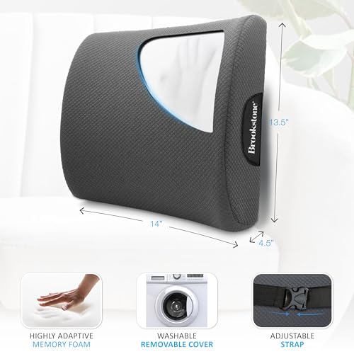 Brookstone - Luxurious Lumbar Support Pillow for Car or Office Chair, Back Cushion with Premium Grade Memory Foam, Breathable and Washable Cover, Adjustable Strap