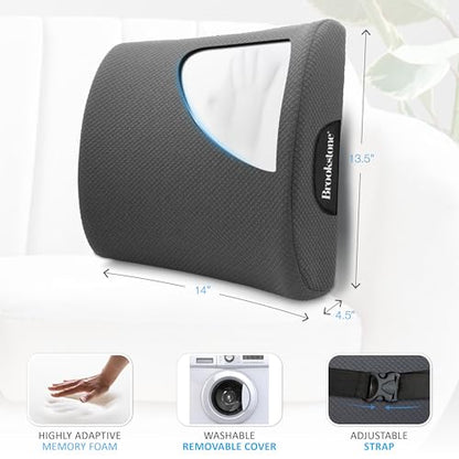 Brookstone - Luxurious Lumbar Support Pillow for Car or Office Chair, Back Cushion with Premium Grade Memory Foam, Breathable and Washable Cover, Adjustable Strap