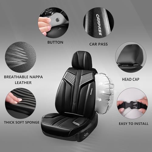 CAR PASS Nappa Leather Car Seat Covers Front Seats, Luxury Cushioned Front Seat Covers, Waterproof Drive Seats Anti-Slip Full Coverage Universal Fit for SUV Truck Sedan Automotive Black (2pcs, Black) - color: Black and Charcoal, size: Two Front Seats