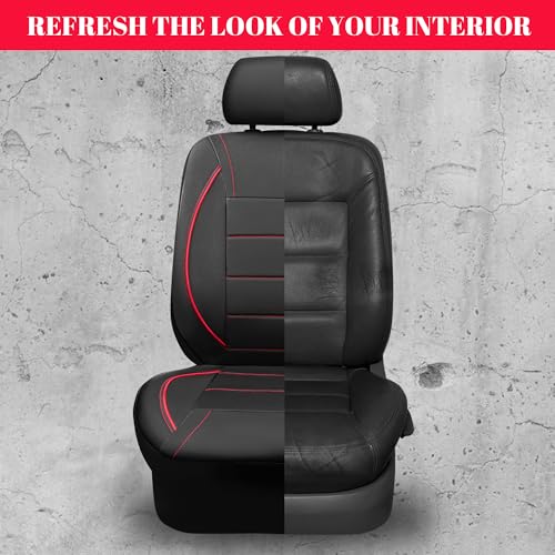 CAR PASS Universal FIT Piping Leather Two Front Seat Covers, Waterproof Faux Leather for SUV Sedan Van Truck, Airbag Compatible,Reserved Opening Holes for Headrest Covers. (Black red) - color: Black Red