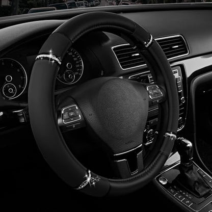 Road Comfort Leather Steering Wheel Cover – Premium Anti-Slip Car Steering Wheel Grip Cover – Universal Fit for 14.5”–15” Cars, Trucks & SUVs - Black - color: Black