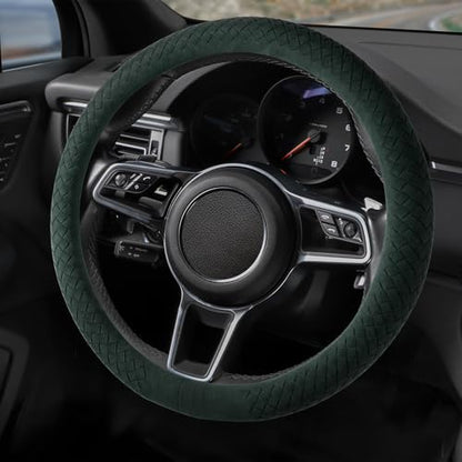 Suede Steering Wheel Cover with Upgraded Silicone Inner Ring, Breathable, Anti-Slip, Leather Universal 14.5 to 15 Inch Steering Wheel Cover (Green with Handwoven Craft) - style: Green with Handwoven Craft