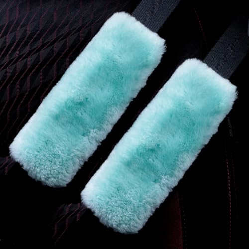 2 Pack Natural Fur Comfort Auto Authentic Sheepskin Car Seat Belt Pads for Adults, Soft Texture Shoulder Neck Cushion Pad Protector, Genuine Australia Merino Wool Cover (Mint Green) - color: Mint Green, size: Shearling Wool