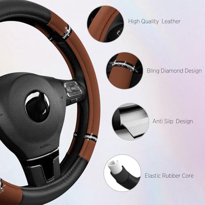 Road Comfort Leather Steering Wheel Cover – Premium Anti-Slip Car Steering Wheel Grip Cover – Universal Fit for 14.5”–15” Cars, Trucks & SUVs - Purple - color: Brown