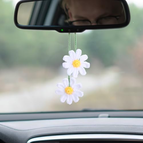 Ymapinc Crochet Car Accessories, Cute Hanging Rear View Mirror Decor Daisy Flower Charm for Women Handmade Knitted BOHO Aesthetic Pendant(Cotton)