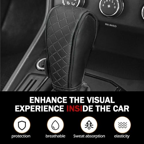 Car Gear Shift Cover, Upgraded Leather Car Gear Shift Knob Cover, Soft Breathable Auto Shifter Stick Protector, Anti-Slip Auto Shifts Handle Transmission Decor, Universal for Most Cars(Black)