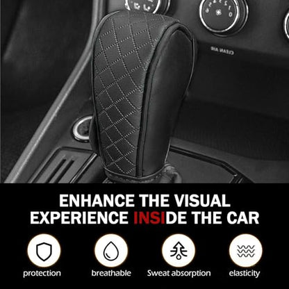 Car Gear Shift Cover, Upgraded Leather Car Gear Shift Knob Cover, Soft Breathable Auto Shifter Stick Protector, Anti-Slip Auto Shifts Handle Transmission Decor, Universal for Most Cars(Black)