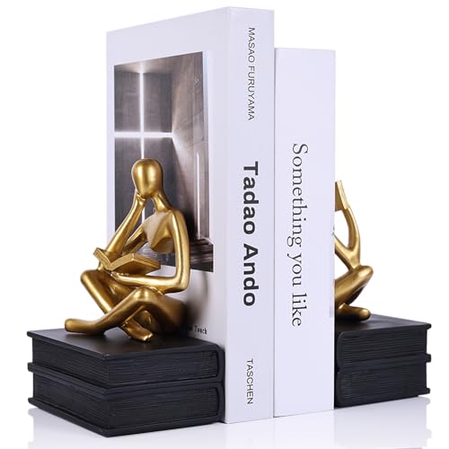 Heavy Duty Book Ends for Shelves, Thinker Bookends Set of 2 Decorative Book Ends for Heavy Books, Modern Unique Shelf Decor for Home Office Living Room Desk - color: Black Gold