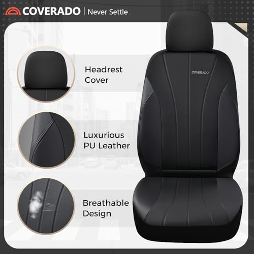 Coverado Car Seat Covers Front Seats, Automotive Seat Covers 2 Pack, Leather Car Seat Covers, Airbag-Compatible, Spill-Proof Design, Black Seat Covers for SUV Sedan Truck