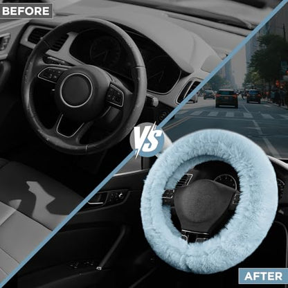 Road Comforts Steering Wheel Cover, Fluffy Car Wheel Covers for Women/Girls/Ladies，Soft Wool Fur Steering Wheel Protector, Universal 14 1/2 inches to 15 inches - Blue - color: Blue