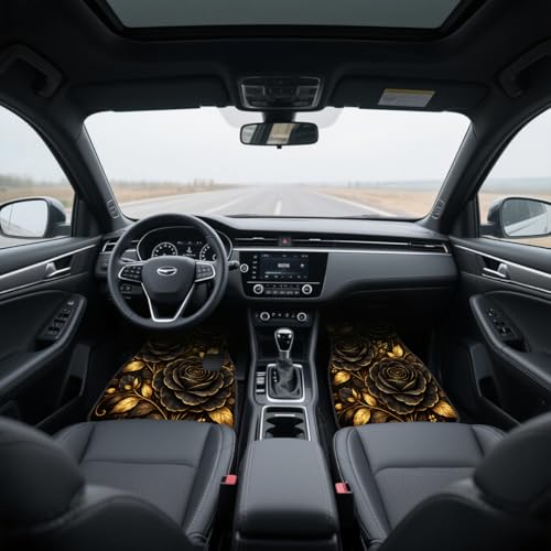 Rose Car Floor Mats Set of 4 Black Gold Floral Luxury Gothic Botanical Art Automotive Foot Mats Rugs Carpet for Car Non-Slip Auto Car Accessories Universal Fit for Car SUV Truck Van