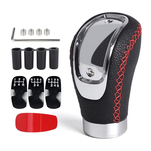 Universal 5/6 Speed Leather Car Racing Gear Shift Shifter knob,Artificial Leather and ABS Black Stitching Shift Knob with 4 Adapters,Replaceable 3 Gear Position Pastors(Black+Red Line) - color: 5/6 Speed Leather(Black+Red Line)