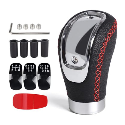 Universal 5/6 Speed Leather Car Racing Gear Shift Shifter knob,Artificial Leather and ABS Black Stitching Shift Knob with 4 Adapters,Replaceable 3 Gear Position Pastors(Black+Red Line) - color: 5/6 Speed Leather(Black+Red Line)