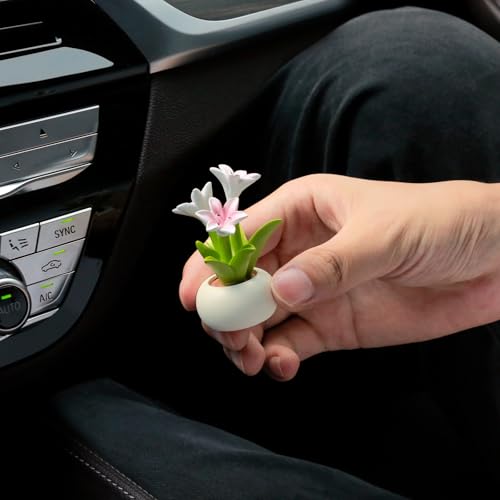 YGMONER Car Dashboard Plant Resin Flower Pot Knick Knacks Mini Plant Figurines Decorations Gifts for Women, Car Desk Bookshelf Decor (Lily Flower)