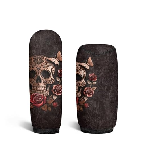Sugar Skull Rose Print 2 Pcs Car Gear Shift Knob Cover Handbrake Cover Comfortable Vehicle Shift Lever Handle Protector Car Gear Shift Cover Set Universal Fit for Cars - color: Sugar Skull Rose