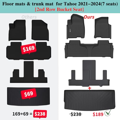 Floor Mats & Trunk Mat for Chevrolet Tahoe 2021-2024 2025-2nd Row Bucket Seat(7 Seats Version) &GMC Yukon（Not Fit XL,TPE All Weather Protection Car Floor Liners for Chevy Tahoe - size: 2021-25|For Chevrolet Tahoe 7Seats|Full Set