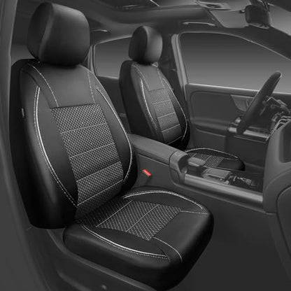 CAR PASS Piping PU Leather Car Seat Cover Full Set, Inside Zipper Design and Reserved Opening Holes, Airbag Compatible,Universal FIT for Car, SUVs,Van,Trucks（Full Set, Black & Silver - color: Black and Sliver