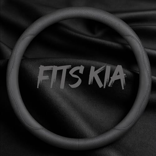 Leather Car Steering Wheel Cover, Breathable Laser-Perforated, Pure Black Double Lines, Premium Texture, 14.5-15 Inch for Kia - color: Pure black dual lines, size: For Kia
