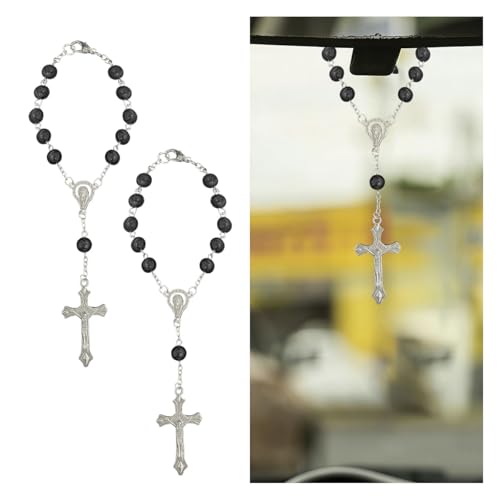 2PCS Rosary Car Rear View Mirror Charm, Personalized Medal and Cross Automotive Interior Pendant, Universal Vehicle Mirror Hanging Ornament Accessories for Women Men(Black)