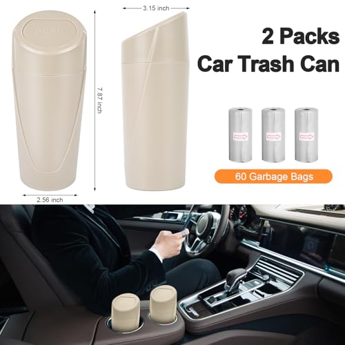 Car Trash Can, 2 Packs Mini Car Trash Bin with Lid, Leakproof Cup Holder Car Garbage Can with 60 Trash Bags, Vehicle Front Back Seat Organizers and Storage for Car, Home, Office, Beige - color: Beige