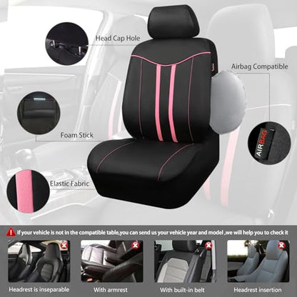 CAR PASS Car Seat Covers Full Set for Women Girls with Waterproof Car Floor Mats,Anti-Slip Leather Steering Wheel Cover,Universal Fit for SUVs,Vans,Trucks,Sedans,Cars (Combo Set,Black & Pink) - color: Black & Pink