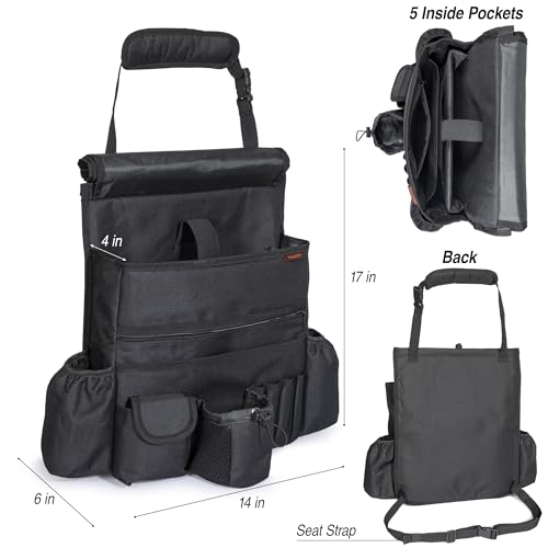 Front Seat Car Organizer with flap and buckle closure – Convertible into Shoulder Bag – Fits Front or Back of Seat – Heavy Duty Car Organizer for Rideshare and Truck drivers
