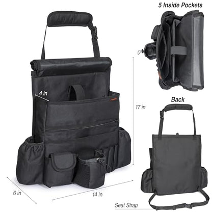 Front Seat Car Organizer with flap and buckle closure – Convertible into Shoulder Bag – Fits Front or Back of Seat – Heavy Duty Car Organizer for Rideshare and Truck drivers