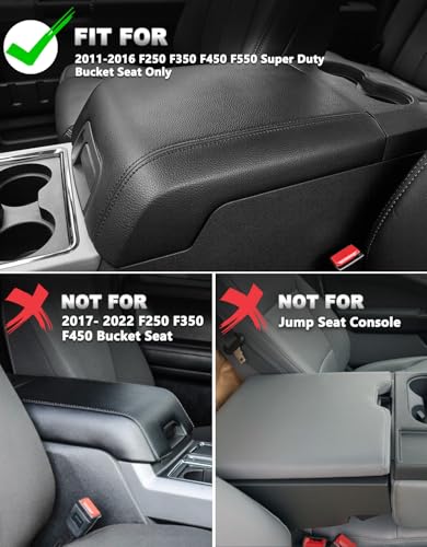 Center Console Armrest Cover for 2011-2016 Ford F250 F350 F450 Super Duty Accessories, Vinyl Leather Middle Armrest Cusion Protector, Anti-Scratch, Bucket Seat Only, Black - size: Bucket Seat, 11-16 F250-F450, black stitch