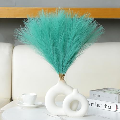 Ureymx Faux Pampas Grass Decor 17.7 Inch 30pcs, Artificial Pompas Grass Bulk Artificial Dried Flower Small Vase Filler for Boho Home Wedding Decoration (Lake Green) - color: Lake Green, size: 17 Inch 30 Pcs
