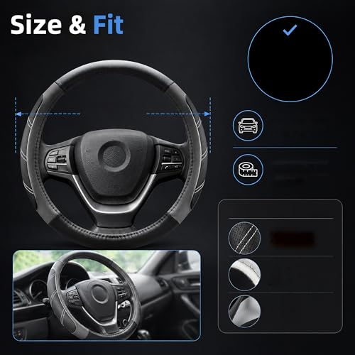 Elantrip Leather Large Steering Wheel Cover 14 1/2 inch to 15 inch Universal, Soft Grip Breathable for Car Truck SUV Jeep Anti Slip Gray - color: Gray, size: 14 1/2 - 15 Inch