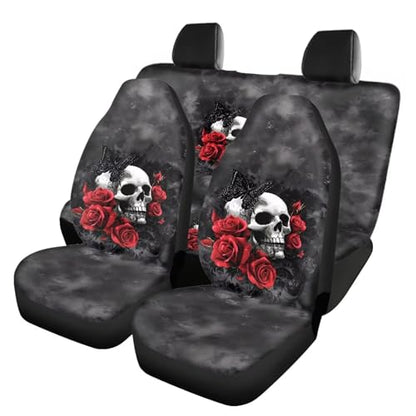 Red Rose and Skull Print 17 Pcs Car Seat Cover Full Set, Car Seat Cover Thickened Non-Slip Floor Mats Steering Wheel Cover Keychains Seatbelt Pad Armrest Cover Cup Coasters - color: Red Rose and Skull Print