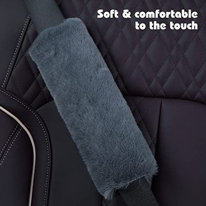 Cute Fluffy Steering Wheel Cover Set for Women, YUNXNYC 1 Set 8 Pieces Fluffy Car Accessories Set Soft Fuzz Handbrake Cover Gear Shift Cover Fur Seat Belt Shoulder Pads Furry Ball Key Chain (Gray) - color: Gray