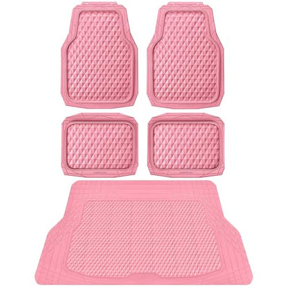 CAR PASS Heavy Duty Rubber Pink Car Floor Mats & Cargo Liners, Deep Dish All-Weather Trunk Mats Durable Anti-Slip 3D Rhombus Waterproof Trim to Fit Liner Universal Fit Auto,Sedan,SUV,Truck, Pink