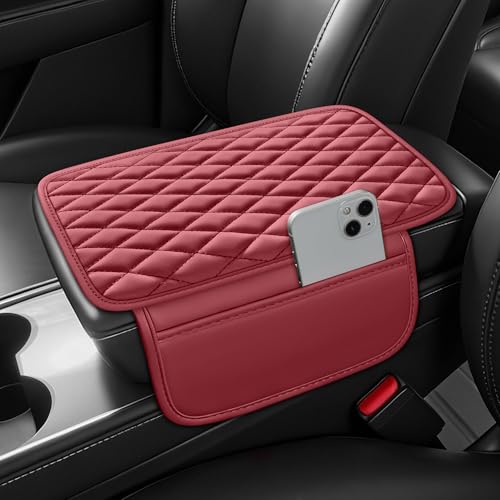 Waterproof Leather Car Center Console Pad with 2 Storage Bags, Auto Armrest Box Cover Protector, Comfortable Interior Accessories for Most Household Cars, Sedans & SUV (Burgundy) - color: Burgundy