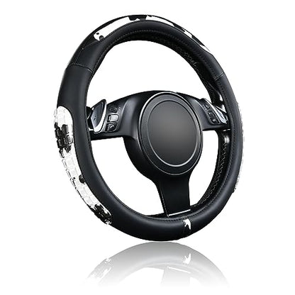 Flying Banner car Steering Wheel Cover Gel Massage Velvet Cool Warm Universal Size 15 inches SUV Truck Anti Slip Odorless Summer Winter (Black Cow Print, Gel Massage) - color: Black Cow Print