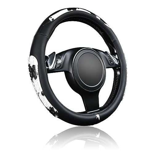 Flying Banner car Steering Wheel Cover Gel Massage Velvet Cool Warm Universal Size 15 inches SUV Truck Anti Slip Odorless Summer Winter (Black Cow Print, Gel Massage) - color: Black Cow Print