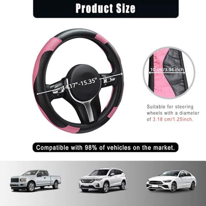 Leather Car Steering Wheel Cover, 15 Inch Anti-Slip Carbon Fiber Black Steering Wheel Cover, Universal Car Interior Accessories for Trucks Sedans SUVs (Black & Pink) - color: Black & Pink